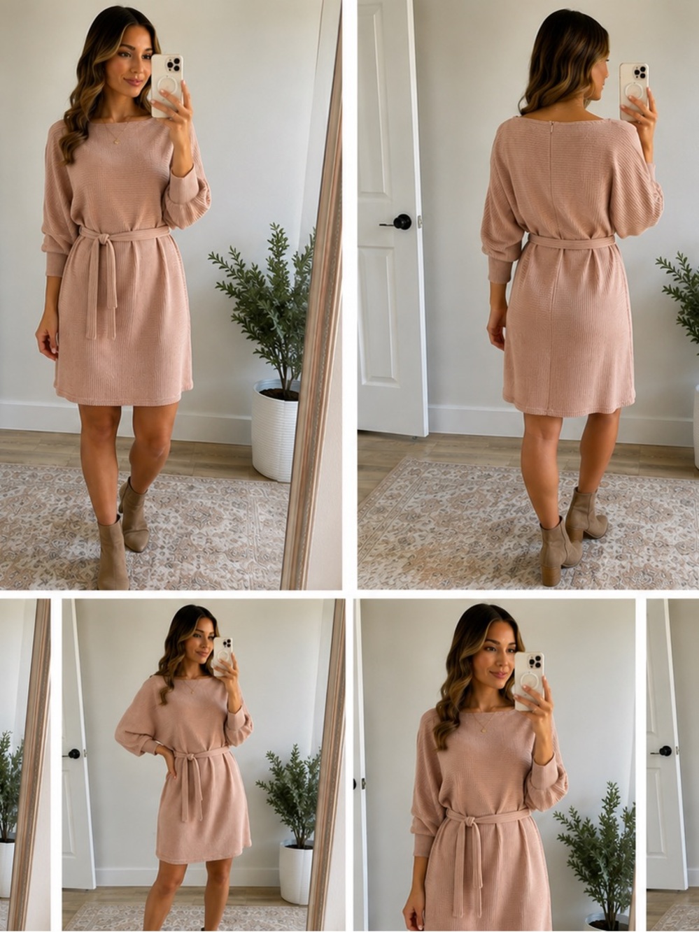 Fashion‎ Nova Blush Pink Ribbed Knit Sweater Dress Tie Waist Batwing Size S